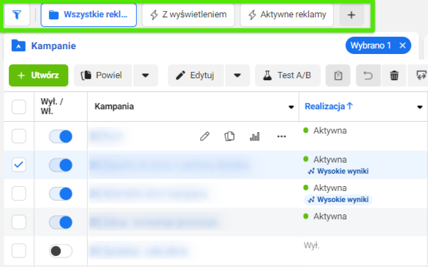 Szybkie widoki w Meta Ads
