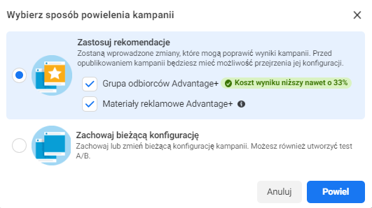 Rekomendacje podczas duplikowania kampanii Meta Ads