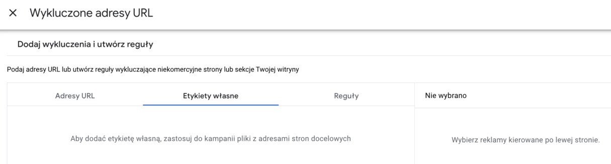 wykluczenia adresow url na podstawie etykiet wlasnych