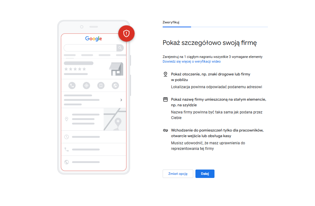 google moja firma - weryfikacja wideo