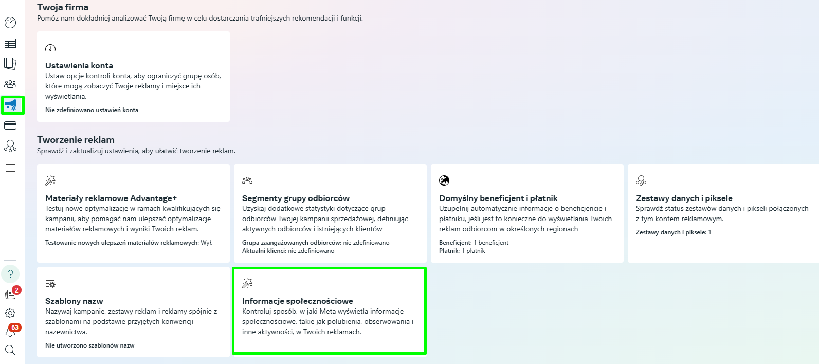 Informacje społecznościowe w ustawieniach reklam Meta