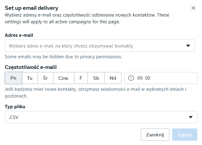 konfigurowanie Kontakty w Panelu Meta Ads
