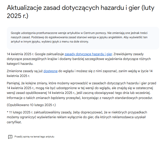 Zmiany w polityce Google dotyczącej hazardu i gier