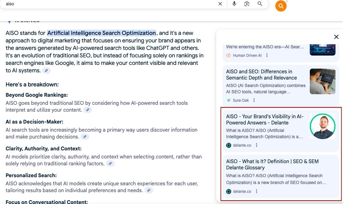 Debunking AISO myths - AI Overviews answering "What is AISO" after a few mentions were created by Delante.