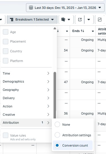 conversion count in Meta Ads