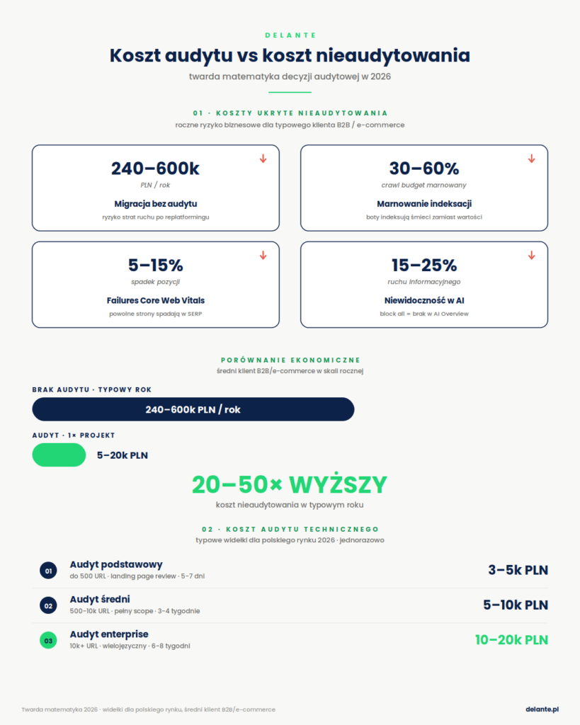 Infografika - koszt audytu vs koszt nieaudytowania strony
