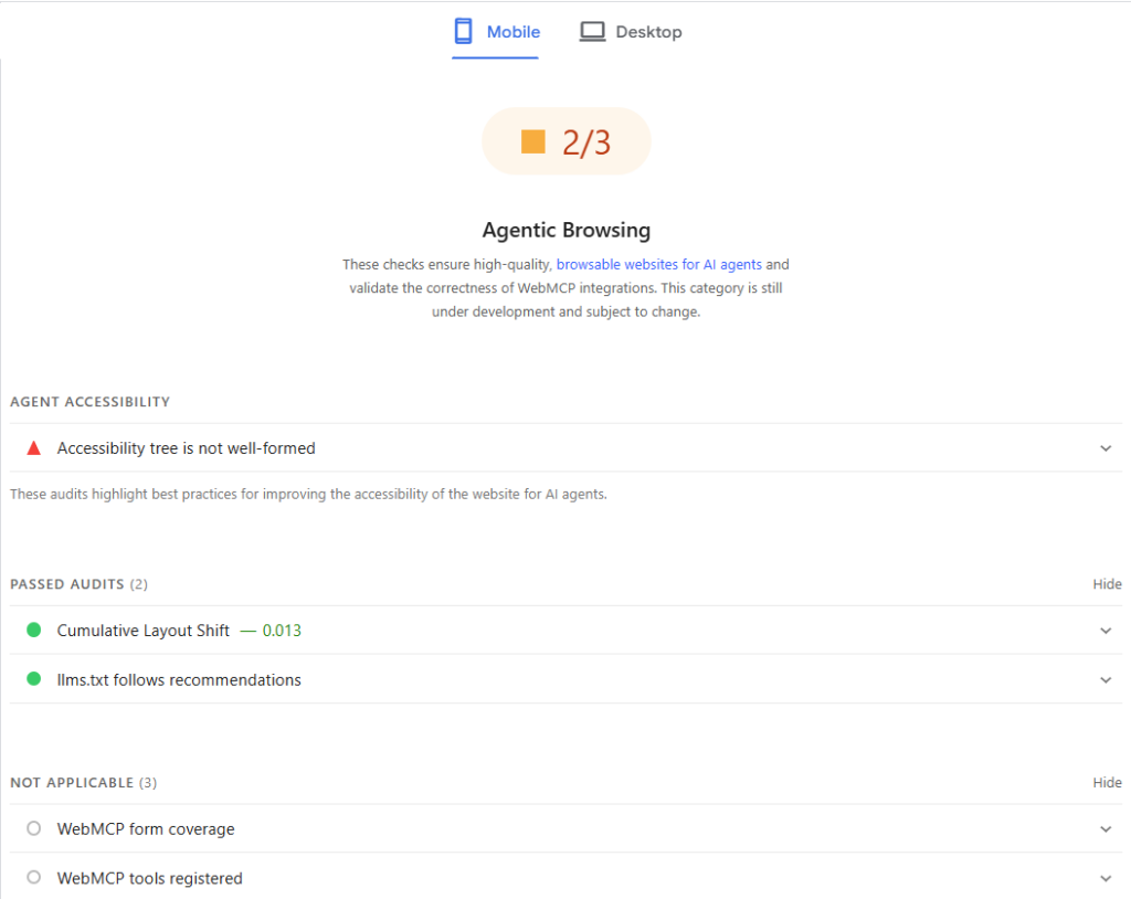 Screen z narzędzia PageSpeed Insight pokazujący nową sekcję Agentic Browsing