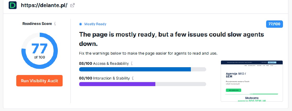 Backlinko: 77/100, Mostly Ready, Access & Readability 88, Interaction & Stability 60