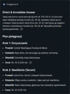 odpowiedź Google AI Overviews na zapytanie o 3-etapową wieczorną rutynę