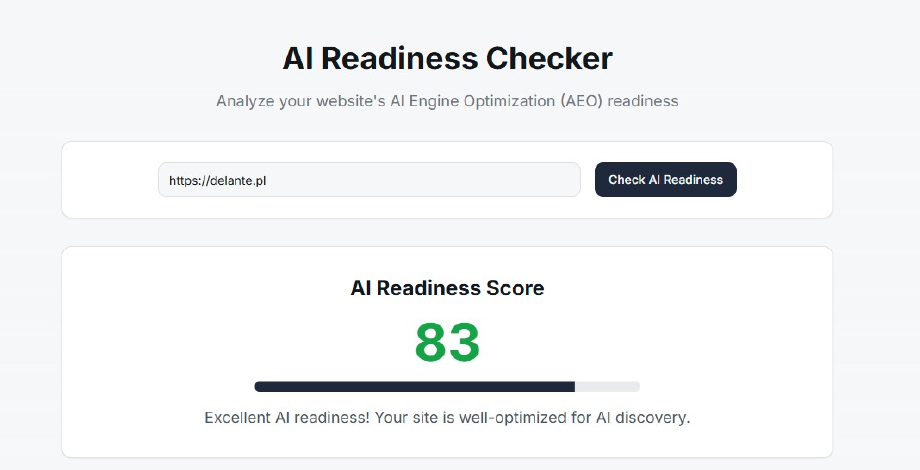 agentic-readiness.com: 83/100, Excellent AI readiness