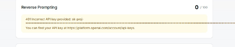 agentic-readiness.com, Reverse Prompting 0/100: komunikat błędu 401 Incorrect API key provided widoczny w raporcie